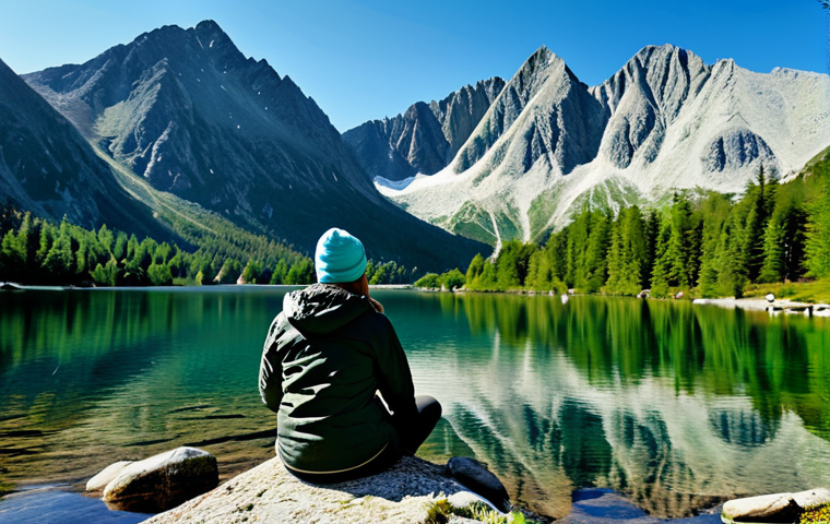 Green Lake Serenity**
A woman in a comfortable hiking outfit, including a waterproof jacket and sturdy boots, sits peacefully by the edge of Zelene pleso (Green Lake) in the High Tatras, fully clothed, appropriate attire, safe for work. The lake reflects the sky, surrounded by pine trees and rocky peaks. Perfect anatomy, correct proportions, natural pose, professional photography, high quality, serene and majestic landscape.
**
