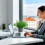 **

A modern office scene in Bratislava, Slovakia. A professional businesswoman in a tailored, grey business suit sits at a clean desk. Laptop, paperwork, and a small plant are on the desk. Large windows overlook a cityscape. Bright, natural lighting. Safe for work, appropriate content, fully clothed, professional, perfect anatomy, natural proportions, high quality.

**