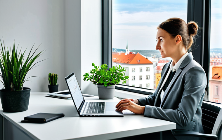 **
A modern office scene in Bratislava, Slovakia. A professional businesswoman in a tailored, grey business suit sits at a clean desk. Laptop, paperwork, and a small plant are on the desk. Large windows overlook a cityscape. Bright, natural lighting. Safe for work, appropriate content, fully clothed, professional, perfect anatomy, natural proportions, high quality.
**