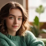 Home 9 슬로바키아 국가 내 이슈 - A young woman, approximately 25 years old, with shoulder-length wavy brown hair and sparkling green ...