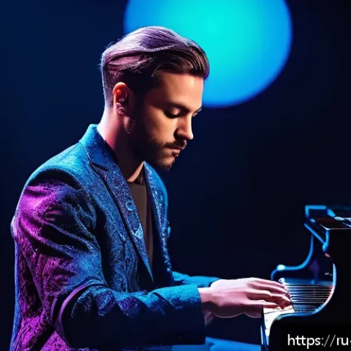 알렉산더 둑슬라브 음악가 - A dynamic stage scene capturing a male musician named Alexander performing live, blending classical ...
