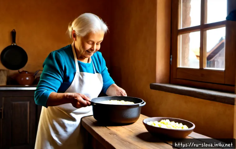 Home 17 슬로바키아 전통 요리 레시피 - Photorealistic rustic Slovak kitchen scene, an elderly home cook in modest traditional-inspired line...